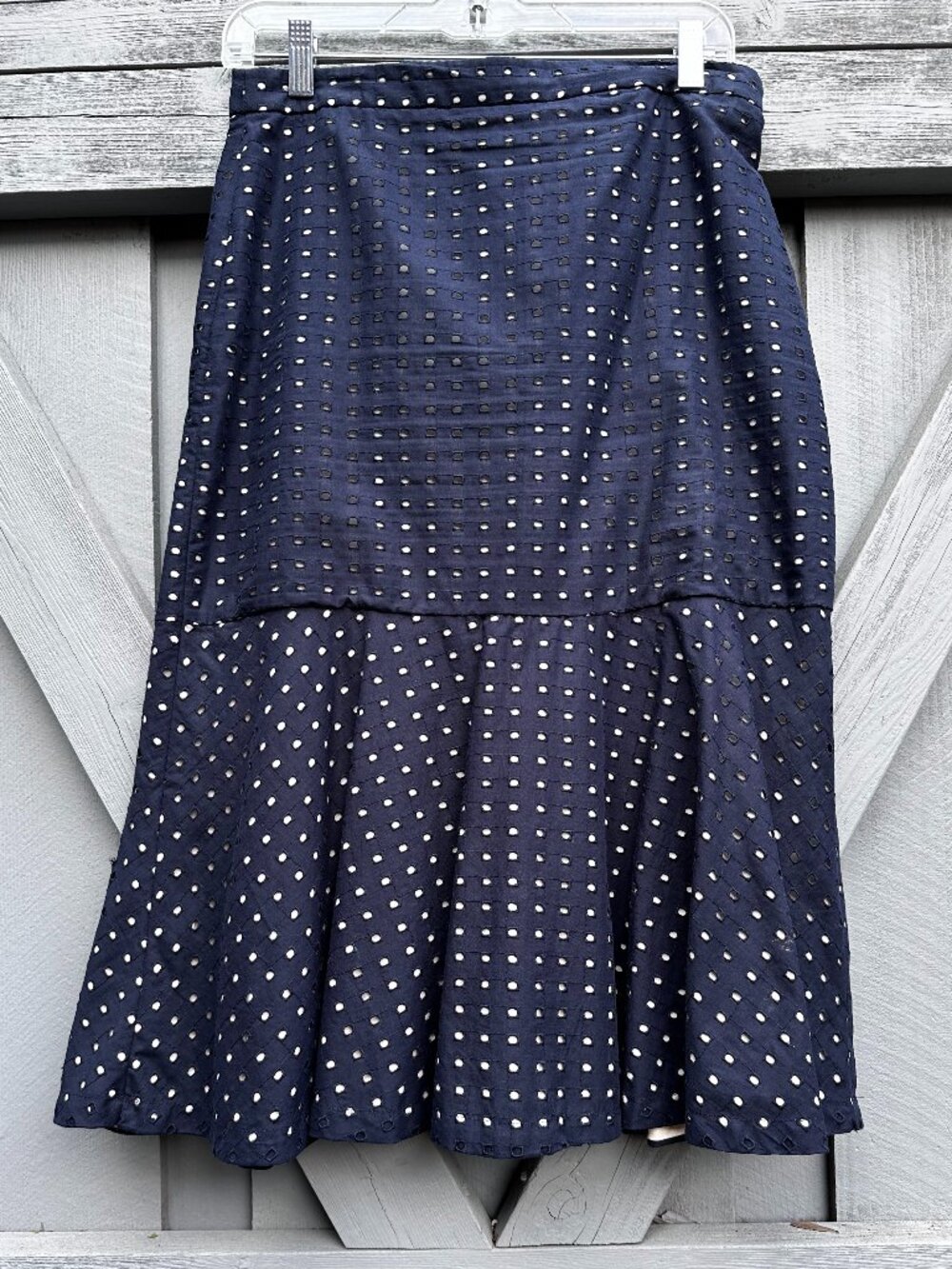 Ann Taylor Eyelet Midi Skirt Navy Blue Cotton Fit & Flare Lined Women's 4